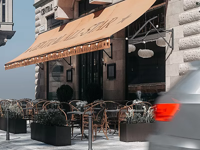 Bistro Maestro Storefront With Orange Awning Stone Wall Outdoor Wicker Seating And Potted Plants 3d model
