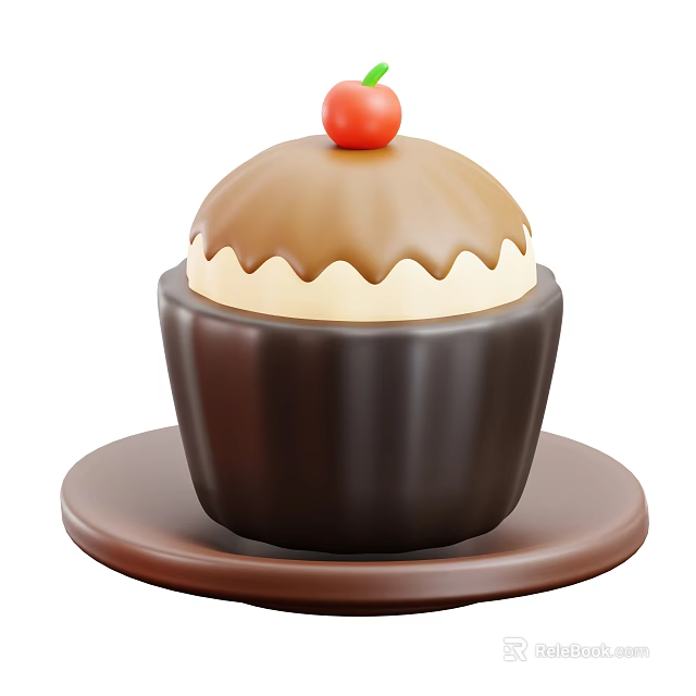 Delicious Cupcake With Brown Top Cream Decoration And Red Cherry On Brown Plate 3d model 