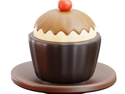 Delicious Cupcake With Brown Top Cream Decoration And Red Cherry On Brown Plate 3d model