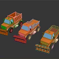 Three Orange Functional Utility Trucks With Snow Plows And Dump Beds 3d model