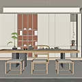 Modern Open Tea Room Interior Design With Wooden Tea Table Chairs Shelf And Potted Plant