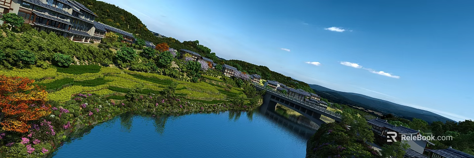 Rural Landscape With River Bridge Green Fields Houses Trees Under Blue Sky And White Clouds 3d model 