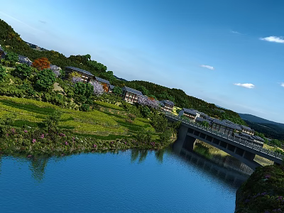 Rural Landscape With River Bridge Green Fields Houses Trees Under Blue Sky And White Clouds 3d model