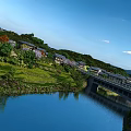 Rural Landscape With River Bridge Green Fields Houses Trees Under Blue Sky And White Clouds
