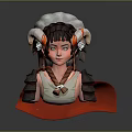 3D Character Head Model With Ram Horns Brown Hair And Red Cape Armor