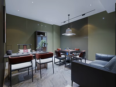 Modern Mahjong Room Interior Design With Wooden Table Comfortable Chairs Sofa And Hanging Lamp 3d model