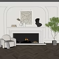 Cozy White Fireplace With Beige Armchair Gray Blanket Abstract Painting Green Plant Herringbone Wooden Floor