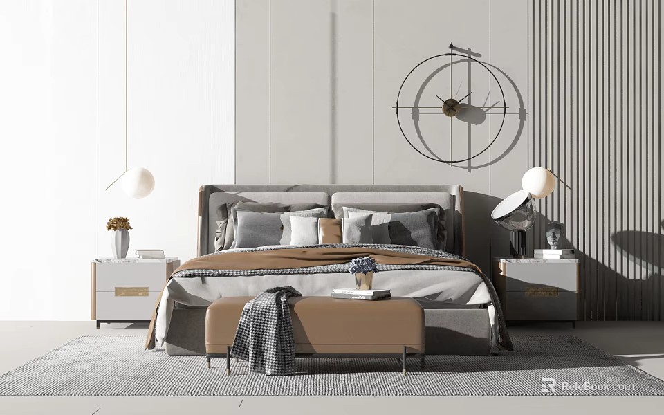 Modern Double Bed Interior With Headboard Cushions Footstool And Wall Decor 3d model