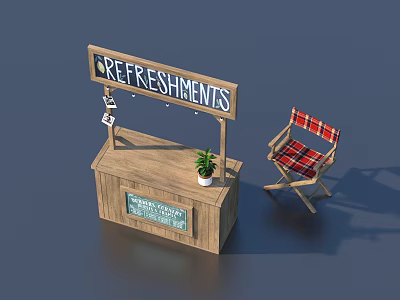 Wooden Refreshments Stand With Plaid Folding Chair Potted Plant And Blackboard 3d model
