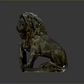 Antique Bronze Lion Sculpture In Sitting Posture With Decorative Plaque And Ornamental Base
