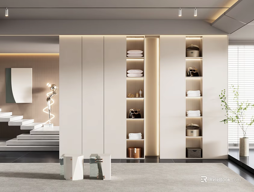 Modern Minimalist Wardrobe Interior With Multiple Shelves And Folded Clothes Storage 3d model