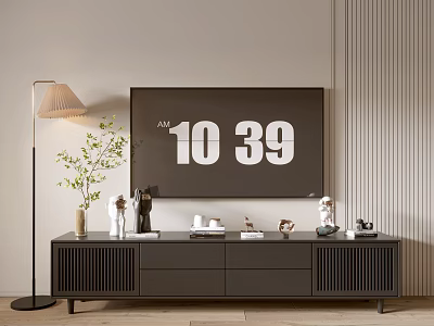 Modern Black TV Stand With Drawers Slatted Fronts And Decorative Ornaments In Living Room 3d model