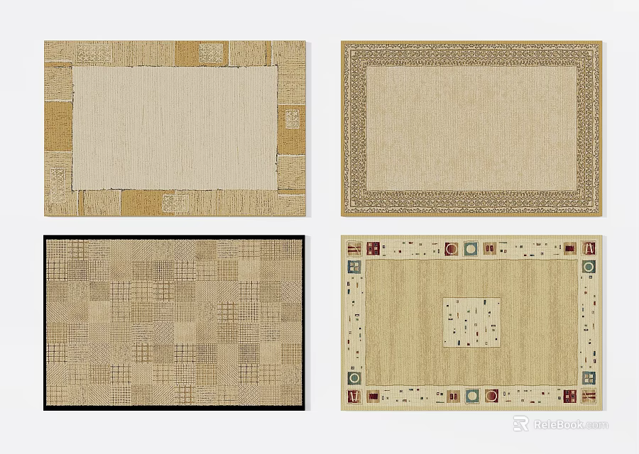 Square Rugs with Various Geometric Patterns and Neutral Tones Border Designs 3d model