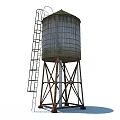 Old Wooden Water Tower With Metal Support Structure And Ladder
