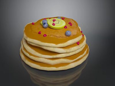 Stack of Delicious Pancakes Topped with Syrup Blueberries Red Berries and Lemon Slice 3d model