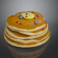 Stack of Delicious Pancakes Topped with Syrup Blueberries Red Berries and Lemon Slice