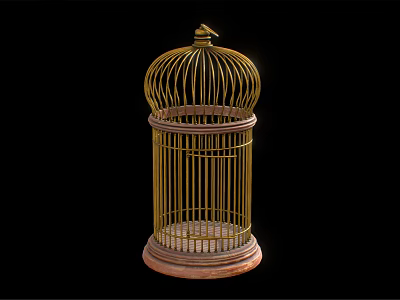 Gold Metal Birdcage Decorative Ornament Piece with Wooden Base Home Decor Accent 3d model