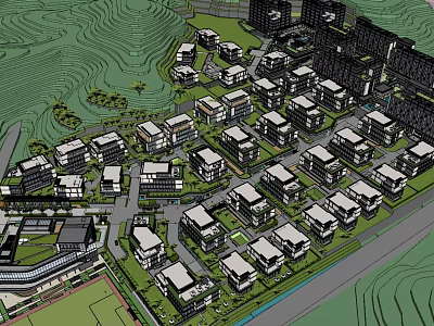 Residential Community Layout With Buildings Roads And Green Spaces 3d model
