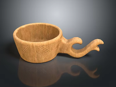 Elegant Handcrafted Wooden Mug With Intricate Carved Patterns And Unique Curved Handle 3d model