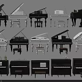 Different Black And White Grand Upright Pianos With Stools And Music Sheets Display Collection