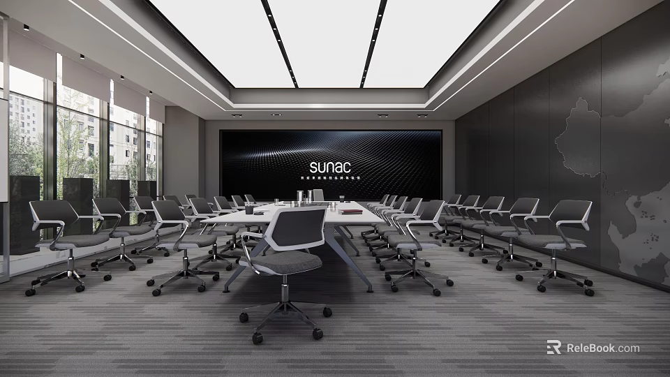Modern Office Meeting Room Interior With Long Table Multiple Chairs Sumer Logo And Large Windows 3d model 