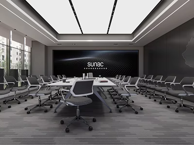 Modern Office Meeting Room Interior With Long Table Multiple Chairs Sumer Logo And Large Windows 3d model