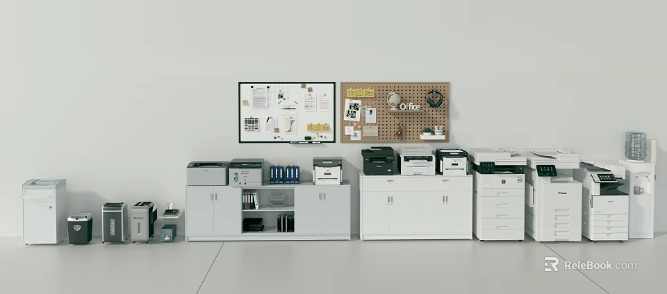 Modern Office Workspace With Printers Filing Cabinets Bulletin Boards And Supplies 3d model 