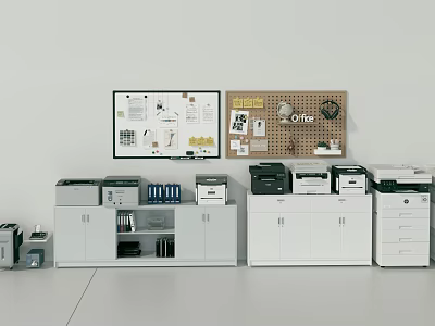 Modern Office Workspace With Printers Filing Cabinets Bulletin Boards And Supplies 3d model