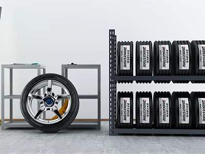 Industrial Storage Equipment with Metal Racks and Neatly Arranged Labeled Tires on Multi-tiered Shelves 3d model