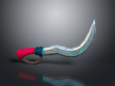 Silver Scimitar Weapon Design With Blue Glowing Patterns Red Wrapped Handle And Ring Guard 3d model