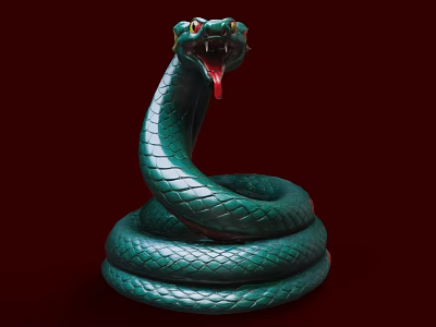 Green Reptile Snake With Coiled Body Open Mouth And Red Tongue On Dark Red Background 3d model