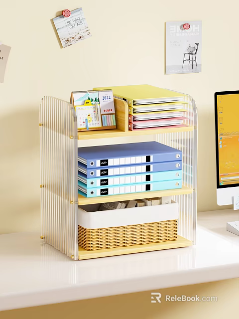 Home Office Setup With Acrylic Bookshelf Folders Calendar And Woven Basket Computer Monitor 3d model 