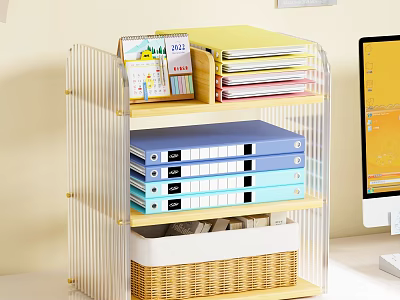 Home Office Setup With Acrylic Bookshelf Folders Calendar And Woven Basket Computer Monitor 3d model