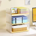 Home Office Setup With Acrylic Bookshelf Folders Calendar And Woven Basket Computer Monitor