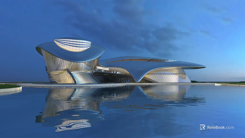 Stunning Modern Building With Curved Metal Roof And Water Reflection Under Blue Sky 3d model 