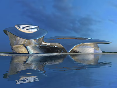 Stunning Modern Building With Curved Metal Roof And Water Reflection Under Blue Sky 3d model