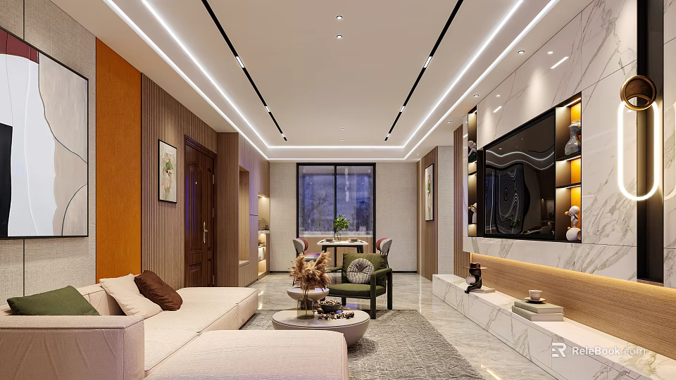Modern Living and Dining Room Interior With Open Layout Sofa Coffee Table TV Wall Marble Lighting 3d model 