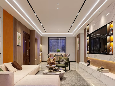 Modern Living and Dining Room Interior With Open Layout Sofa Coffee Table TV Wall Marble Lighting 3d model