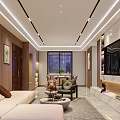 Modern Living and Dining Room Interior With Open Layout Sofa Coffee Table TV Wall Marble Lighting