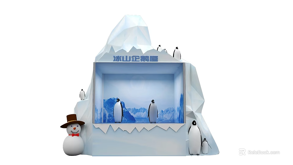 Iceberg Themed Penguin Exhibition Display With Snowman And Penguin Figures 3d model 