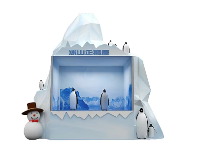 Iceberg Themed Penguin Exhibition Display With Snowman And Penguin Figures 3d model