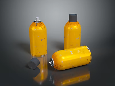 Three Yellow Household Spray Cans Two Standing One Lying With Cap 3d model