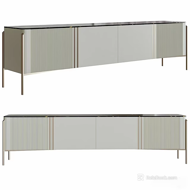 Modern TV Stand With Metal Legs Vertical Slats And Smooth Storage Panels 3d model 