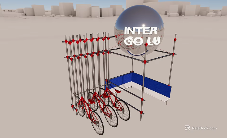 Multiple Red Bicycles Parked On Metal Storage Rack With Red Connectors 3d model 