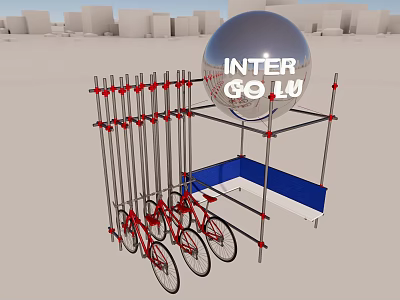 Multiple Red Bicycles Parked On Metal Storage Rack With Red Connectors 3d model