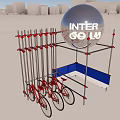 Multiple Red Bicycles Parked On Metal Storage Rack With Red Connectors