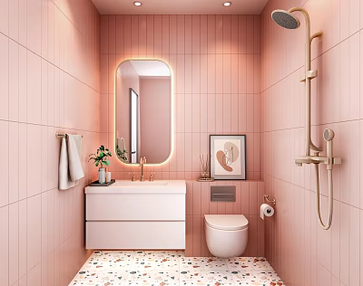 Stylish Bathroom Interior With Pink Tile Walls Round Mirror White Vanity Toilet Shower Fixture And Decorative Plant 3d model