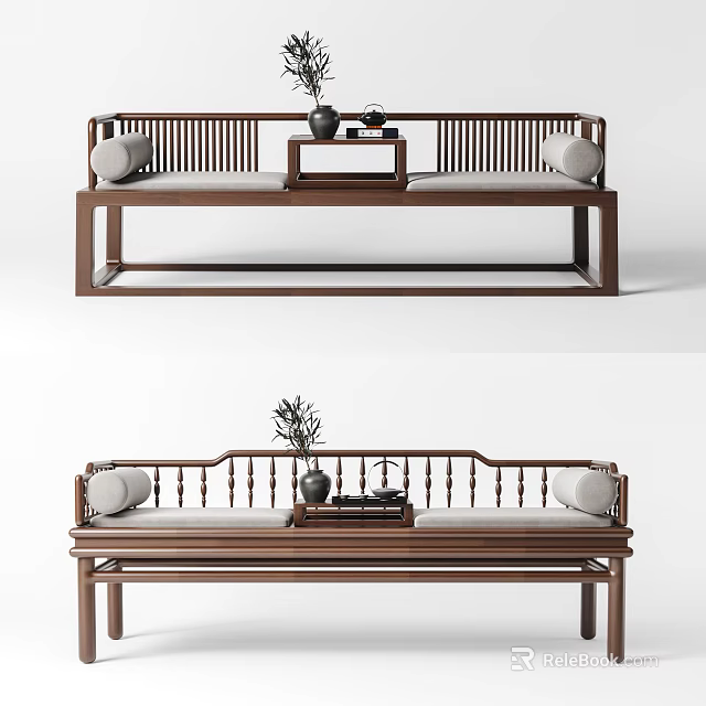 Traditional Chinese Wooden Arhat Bed With Cushioned Seats Side Table And Vase Decoration 3d model 