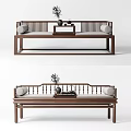 Traditional Chinese Wooden Arhat Bed With Cushioned Seats Side Table And Vase Decoration