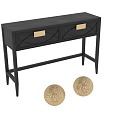 Modern Dark Brown Console Table With Gold Metal Handles And Cross Pattern Drawer Design